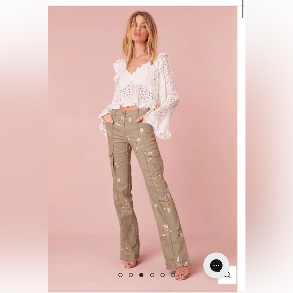LoveShackFancy Atworth Cargo Embroidered pant Floral Size 12 Olive Green - Picture 3 of 16